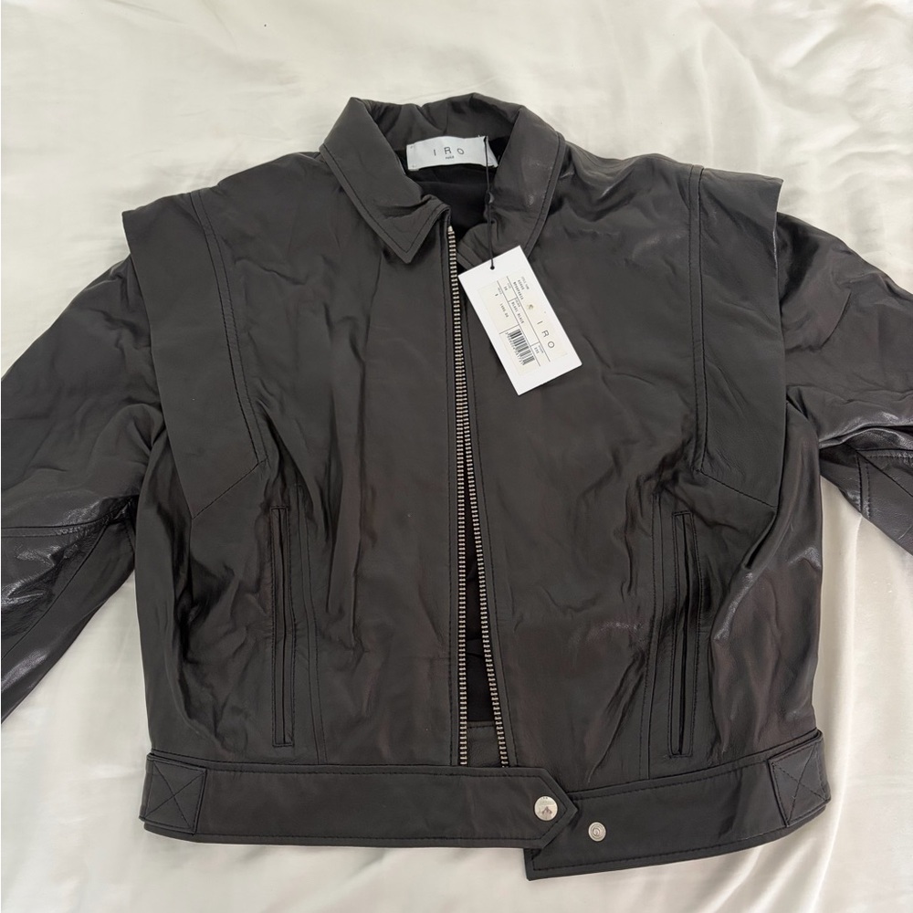 IRO Black Leather Zip-Front Bomber Jacket